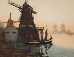 Pierre Waidmann, Dutch River Landscape with Windmills, circa 1920's, color, etching