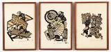 Yoshitoshi Mori, 3 framed prints of Japanese Vocations, Roofers 15/70, Wagasa Painters 27/70, Yarn Workers 9/70, stencil prints each, pencil