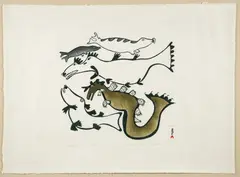 Sea Beasts, 1974, color stone cut and stencil print on hand made paper, 25 x 34 inches (sheet size) by Pitseolak Ashoona, pencil, offered Jun 2024