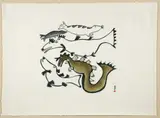 Pitseolak Ashoona, Sea Beasts, 1974, color stone cut and stencil print on hand made paper, 25 x 34 inches (sheet size)