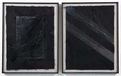 Ming Fay, Drawing I and II, 1974, mixed media on hand made black dyed paper