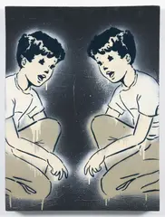 Amanda Marie, Two Boys Playing Marbles, 2014, acrylic and stencil on canvas