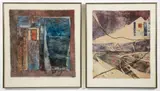 Larissa Osby, Pair of Original pieces with painting and fabric, collage: Blue Window and Fujiyama, c.1970s, both