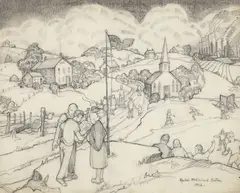 Sharing The Newspaper by Rachel Sutton, 1942, pencil drawing, offered Jun 2024