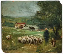 Sheep Returning Home, undated by Alfred Bryan Wall, oil on artist's board, offered Jun 2024