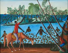 Gerard Valcin, Untitled (Fruit Pickers), 1962, gouache on Masonite
