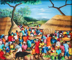 Celestin Faustin, Untitled Marketplace Scene, 1974, oil on canvas board