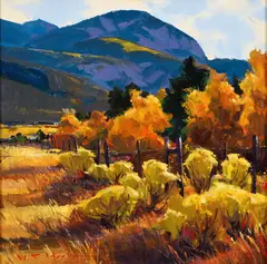William Cather Hook, Mountain Shadows, Acrylic on canvas board, depicting an Autumnal mountain landscape