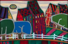 Butch Skynear, Cityscape, 1975, mixed media metallic painting