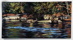 Lake Landscape with Deer by Charles Bud Gibbons, oil on canvas, offered Apr 2024