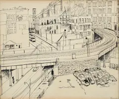 Henry Koerner, Downtown, 1952 or earlier, pen and ink on paper, mounted to a backing board