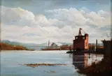 Ron Schaefer, Mon Toward Clairton, 1990s, oil on board, artist's name incised into the paint lower left