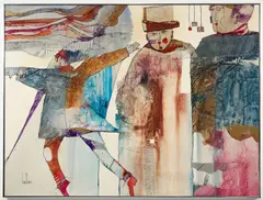 Gregory Hawthorne, Three Figures, mixed media on wood panel