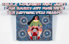 Folks Waunder How Judy Can Babby Sit and Ride Her Motorcycle All Day by James Harold Jennings, acrylic on assembled wood panels, offered Apr 2024