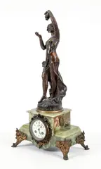 Charles Ruchot, La Grenade (pomegranate), mantle clock with green, marble, painted porcelain clock face with winding key and pendulum with ormolu f