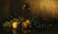 Bernardus Arps, Still Life with Grapes, Peaches, and Wine Glass, oil on canvas, a good trompe l'oeil still life