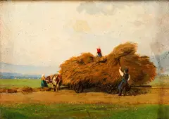 Max Eduard Giese, Loaded Hay wagon and Figures, oil on panel