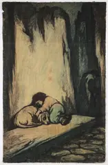 Eugene Higgins, Study for Sleeping Dog and Child, charcoal and pastel on paper