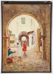 Frederick Carl Smith, Tunis, gouache on paper, 20th century, depicting a street scene in Tunis, Tunisia