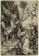 Untitled by Albrecht Durer, WOODCUT ON PAPER, H 11 3/4" W 8 1/8" "JOACHIM AND ANGEL FROM THE LIFE OF THE VIRGIN", offered Aug 2020