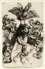 Untitled by Albrecht Durer, ENGRAVING ON PAPER, H 7 1/8", L 4 6/8", "COAT OF ARMS WITH A LION AND A COCK", offered Aug 2020
