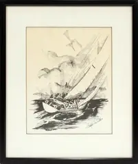 Untitled by Christopher Paul Bollen, LITHOGRAPH ON PAPER, H 9 1/2", L 7 1/2", "SAILBOATS", offered Jan 2020