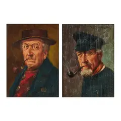 Alfred Zimmermann, Untitled, (Men Smoking Pipes), two, oils on boards, [approximate dimensions -
