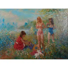 Harry Maas, "Drie Meisjes in Ven." (Three Girls Going Swimming), 1965, oil on canvas, [approximate dimensions -