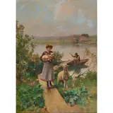 Luigi Chialiva, Young Lady with a Lamb, oil on board, approximate dimensions -