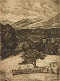 Luigi Lucioni, Steeple in the Mountains, etching, 1946