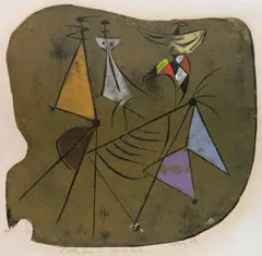 Seong Moy, Little Cat on Horseback, woodcut in colors, 1947