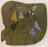 Seong Moy, Little Cat on Horseback, woodcut in colors, 1947