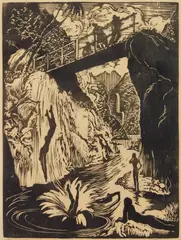 Ambrose McCarthy Patterson, Native Swimmers, Hawaii, Woodcut, ca. 1925