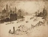 Joseph Pennell, Sunset from Williamsburg Bridge, etching, 1915