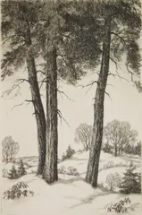 Three Pines by Ronau Woiceske, drypoint, ca. 1940, offered Feb 2025