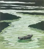 Richard Bosman, Estuary, woodcut in colors, 1987