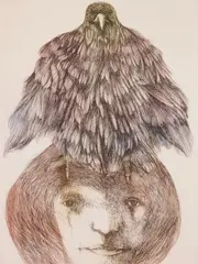 Crow on Woman's Head by Leonard Baskin, etching in colors, offered Feb 2025
