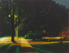 Peter Jogo, Suburban Nocturne II mezzotint in colors, 1992, mezzotint