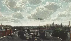 Frederick Mershimer, Rooftops mezzotint in colors, 1990, mezzotint