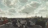 Frederick Mershimer, Rooftops mezzotint in colors, 1990, mezzotint