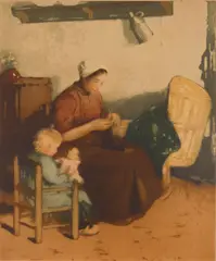 Frantz Charlet, Interior Scene with Mother and Child, etching in colors