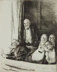 Diana Thorne, The Box at Faustus, drypoint on light blue paper, 1929