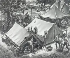 Pow Wow Afternoon by Charles Banks Wilson, lithograph, 1981, offered Dec 2024