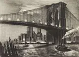 Richard Bergere, Twilight Over Brooklyn Bridge, lithograph, 1935