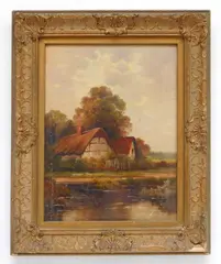 Augustus Spencer, Thatched Cottage by a Stream, oil on canvas board