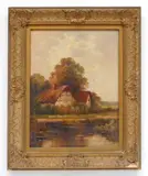 Augustus Spencer, Thatched Cottage by a Stream, oil on canvas board