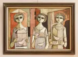 Lucio Ranucci, Three Woman with Birds in Cages, oil on canvas, 1970