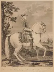 Jean Daullé, Equestrian Portrait of Louis Cazeau De Nestier, Ecuyer Ordinaire de la Grande Ecurie of Louis XV, engraving, 1753