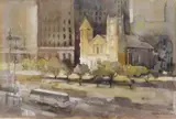 Michael Prunty, Old Stone Church, Cleveland, watercolor on paper