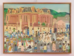 Street Scene by Jean-Baptiste Jean, oil on Masonite, artist red stamp lower right, offered Sep 2024